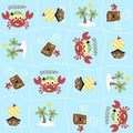 Vector cartoon seamless pattern with cute crab the skipper. Sailor theme set