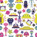 The vector cartoon seamless pattern with flat aliens, spaceships, planets, satellites and cosmonaut.