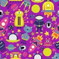 The vector cartoon seamless pattern with flat aliens, spaceships, planets, satellites and cosmonaut.