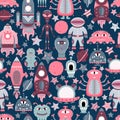 The vector cartoon seamless pattern with flat aliens, spaceships, planets, satellites and cosmonaut. Royalty Free Stock Photo