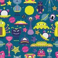 The vector cartoon seamless pattern with flat aliens, spaceships, planets, satellites and cosmonaut.