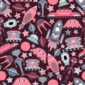 The vector cartoon seamless pattern with flat aliens, spaceships, planets, satellites and cosmonaut. Royalty Free Stock Photo