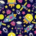 The vector cartoon seamless pattern with flat aliens, spaceships