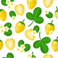 Vector cartoon seamless pattern with Yellow strawberries exotic fruits, flowers and leafs on white background