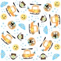 Seamless pattern cartoon with helicopter, lion, sky object