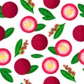 Vector cartoon seamless pattern with Myrica rubra or yangmei exotic fruits, flowers and leafs on white background