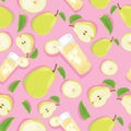 Vector cartoon seamless pattern with Pear exotic fruits, flowers and leafs on pink background for web, print, cloth texture or Royalty Free Stock Photo