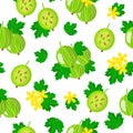 Vector cartoon seamless pattern with Ribes uva-crispa or gooseberry exotic fruits, flowers and leafs on white background