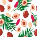 Vector cartoon seamless pattern with Salacca zalacca or Salak exotic fruits, flowers and leafs on white background Royalty Free Stock Photo