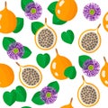 Vector cartoon seamless pattern with sweet granadilla exotic fruits, flowers and leafs on white background