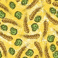 Vector cartoon seamless pattern of wheat,barley cereals, grains, hops cone.