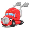 Vector cartoon semi truck. Cartoon funny truck. Red cute car.