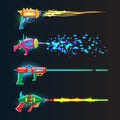 Vector cartoon set of colorful glowing in dark neon blasters with glowing shoot rays