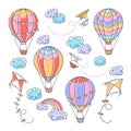 Cartoon set with hot air balloons, kites, paper planes, clouds and rainbow on white background