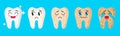 Vector cartoon set of cute characters of teeth with different emotions showing stages of whiteness and health of teeth