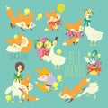 Cartoon Set with Cute Foxes and Gooses