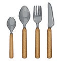 Vector Cartoon Color Set of Cutlery with Wooden Handles. Knife, Fork, Spoon, Tea-spoon Royalty Free Stock Photo