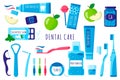 Vector cartoon set of dental tools for oral and teeth care: toothbrush, toothpaste, floss etc on white background Royalty Free Stock Photo