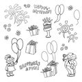 Vector cartoon set of elements for the birthday celebration. Children with balloons and sweets in hands, fireworks