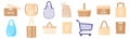 Vector cartoon set of empty paper grocery bags, baskets, string and turtle bag for food isolated on white background Royalty Free Stock Photo