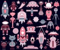 The vector cartoon set with flat aliens, spaceships, planets