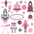 The vector cartoon set with flat spaceships, planets, satellites Royalty Free Stock Photo