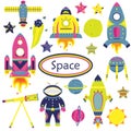 The vector cartoon set with flat spaceships, planets, satellites Royalty Free Stock Photo