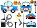Vector cartoon set of funny police car with police`s equipment