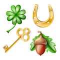 Cartoon set of good luck symbols: clover, golden key, horseshoe, acorn. Isolated on white background Royalty Free Stock Photo