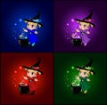 Vector cartoon set of halloween cards with little baby witches in costume and hat Royalty Free Stock Photo