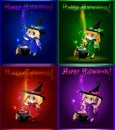 Vector cartoon set of halloween greeting cards with little witches Royalty Free Stock Photo