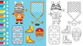 Vector cartoon set of hockey elements with funny zebra in hockey player costume, coloring page or book Royalty Free Stock Photo