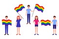 Vector cartoon set of illustrations with people holding rainbow flags of the LGBT community. Pride parade concept Royalty Free Stock Photo