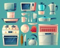 Vector cartoon set of kitchen appliances. Household objects, cooking room interior. Fridge, microwave, toaster and other Royalty Free Stock Photo