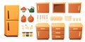 Vector cartoon set of kitchen furniture, dishes and appliances. Cooker counter and fridge. Royalty Free Stock Photo