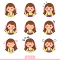 Cartoon set of a little girl in different postures with various emotions. Set 1 of 3