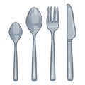 Vector Cartoon Color Set of Steel Cutlery. Knife, Fork, Spoon, Tea-spoon