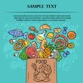 Vector cartoon set on the theme of food. Isolated colored doodles of fruits, vegetables, bakery products, meat, sausage, grocery Royalty Free Stock Photo