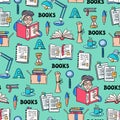 Vector seamless pattern on the theme of literature and books. Cartoon symbols of reading on green background