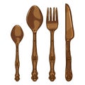 Vector Cartoon Color Set of Vintage Bronze Cutlery. Knife, Fork, Spoon, Tea-spoon Royalty Free Stock Photo