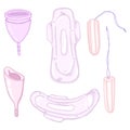 Vector Cartoon Set of Tampons, Menstrual Cups and Sanitary Towels and other Intimate Hygiene Items