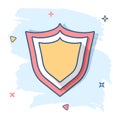 Vector cartoon shield protection icon in comic style. Protect sign illustration pictogram. Defence business splash effect concept Royalty Free Stock Photo