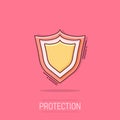 Vector cartoon shield protection icon in comic style. Protect sign illustration pictogram. Defence business splash effect concept Royalty Free Stock Photo