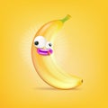 Vector cartoon silly banana fruit character isolated on orange background. Crazy yellow banana with funny cartoon eyes