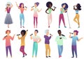 Vector cartoon singers holding microphones and musicians set isolated. People singing karaoke songs on competition