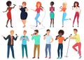 Vector cartoon singers with microphones and musicians set isolated. People singing karaoke songs.