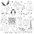 Vector cartoon sketch illustration with cute doodle animals