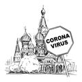 Vector Cartoon Rough Sketchy Illustration of Russian Federation, Moscow and Coronavirus covid-19 Epidemic Warning Sign