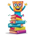 8. A vector cartoon of a smiling book character standing on top of a stack of textbooks, with vibrant colors and a friendly