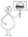 Vector Cartoon of Smiling Obese or Overweight Man Holding Sign with Hamburger or Burger Image